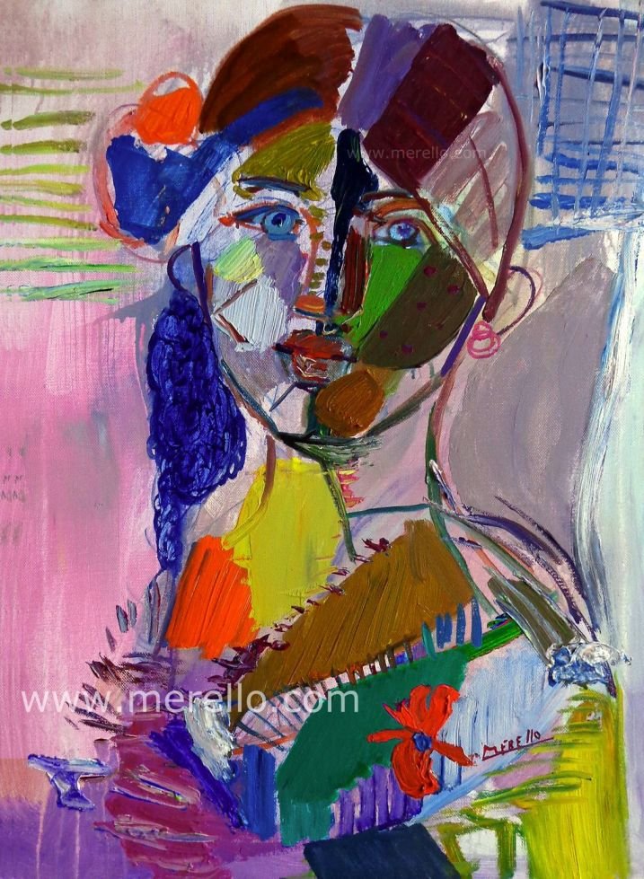 CONTEMPORARY ART AND ARTISTS. Jose Manuel Merello.-"Blue eyes" (73 x 54 cm) Mix media on canvas.   