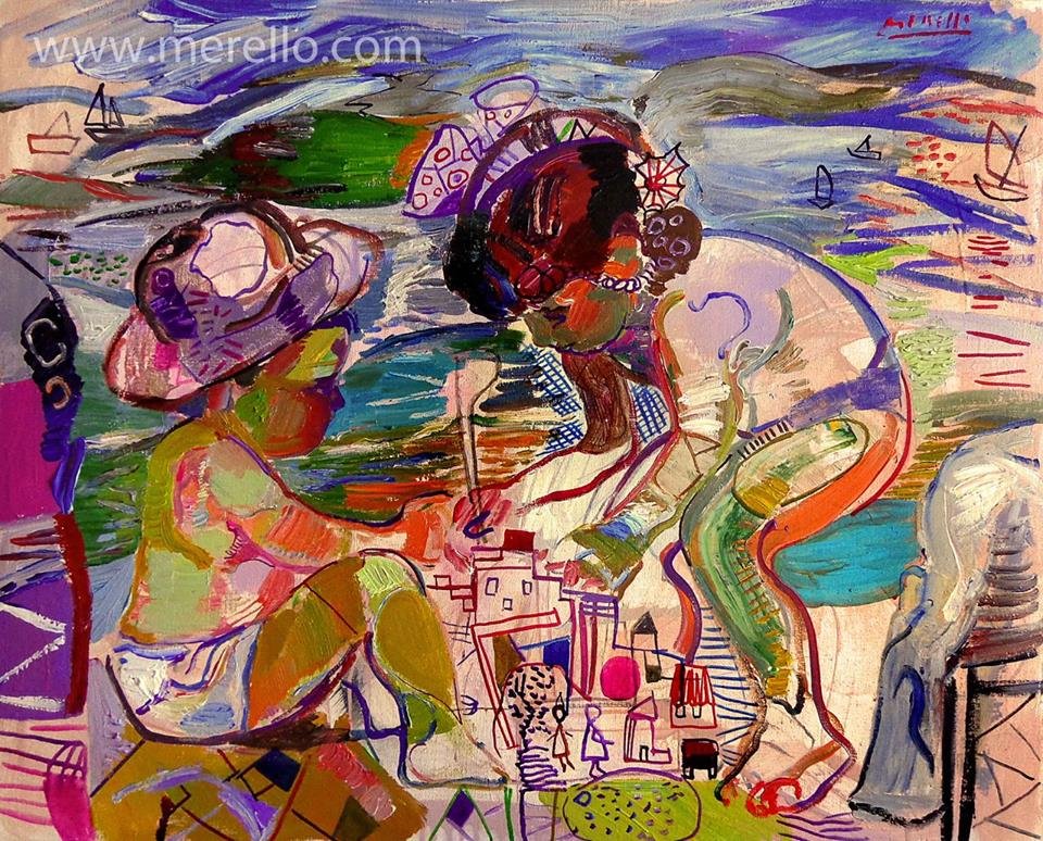 contemporary-art-artists-painters-Jose Manuel Merello.-Niños construyendo un castillo de arena en la orilla. (81 x 100 cm) Tecnica mixta sobre lienzo.